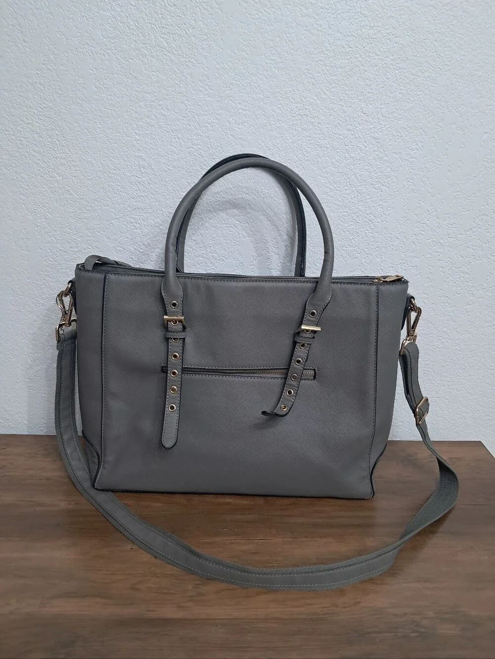 Ease Gave Gray Laptop Tote Bag Zip Closure Faux Leather Multi Pockets Career